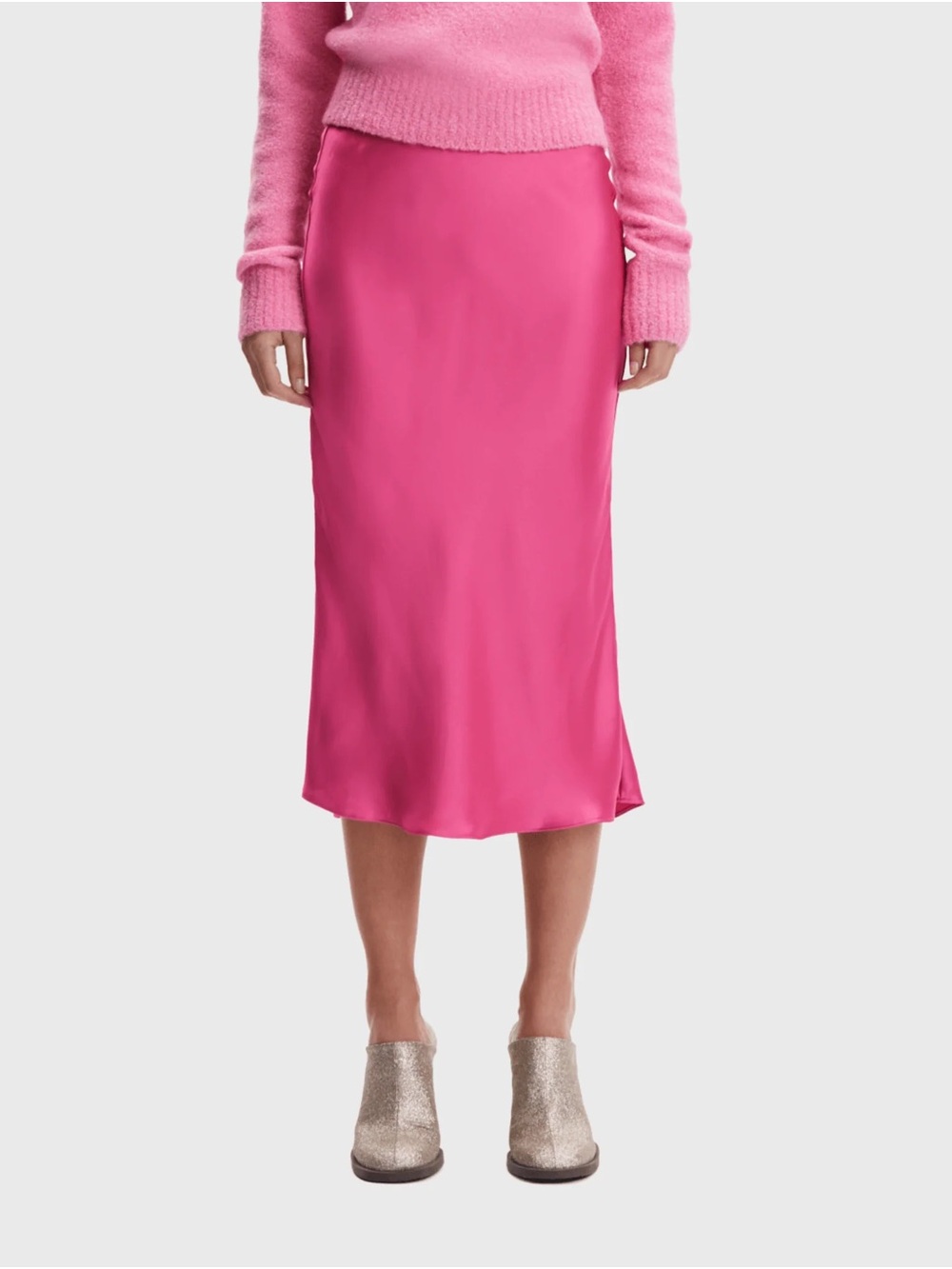 Frank & Oak Hot Pink Satin Midi Slip Skirt